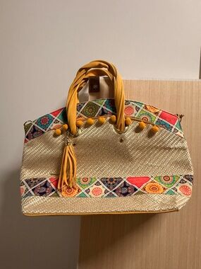 Woven Straw Tote Bag with Yellow Handles and Multicolor Trim